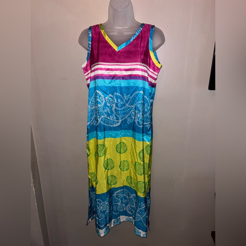 Vintage Misplaced Cowboy 100% silk dress - midi, sleeveless,  colorful 90’s